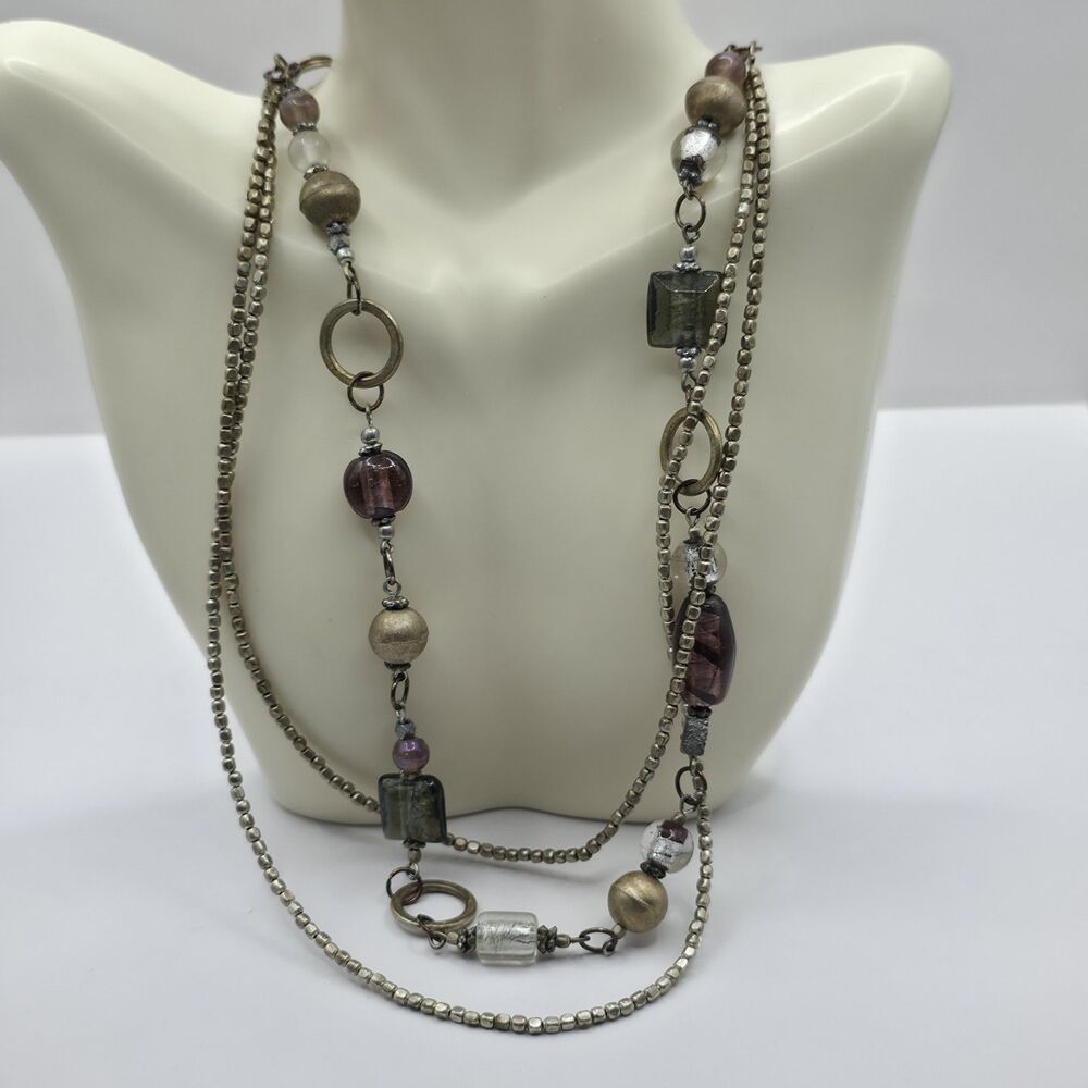VTG Necklace 3 Strand Chain Silvertone Rings Glass & Metal Beads Earthtones 26"